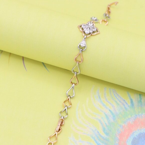 "Elegant Rose Gold & Silver Floral Bracelet with Heart Link Design, XPBL0844 - Picture 6 of 12